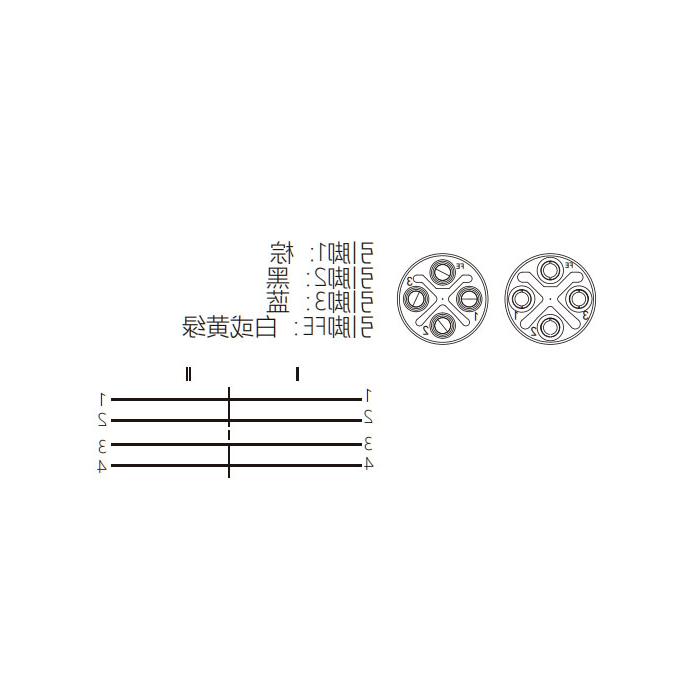 M12 4Pin S-coded、母头直型转公头90°、双端预铸PVC非柔性电缆、黄色护套、64SD23-XXX